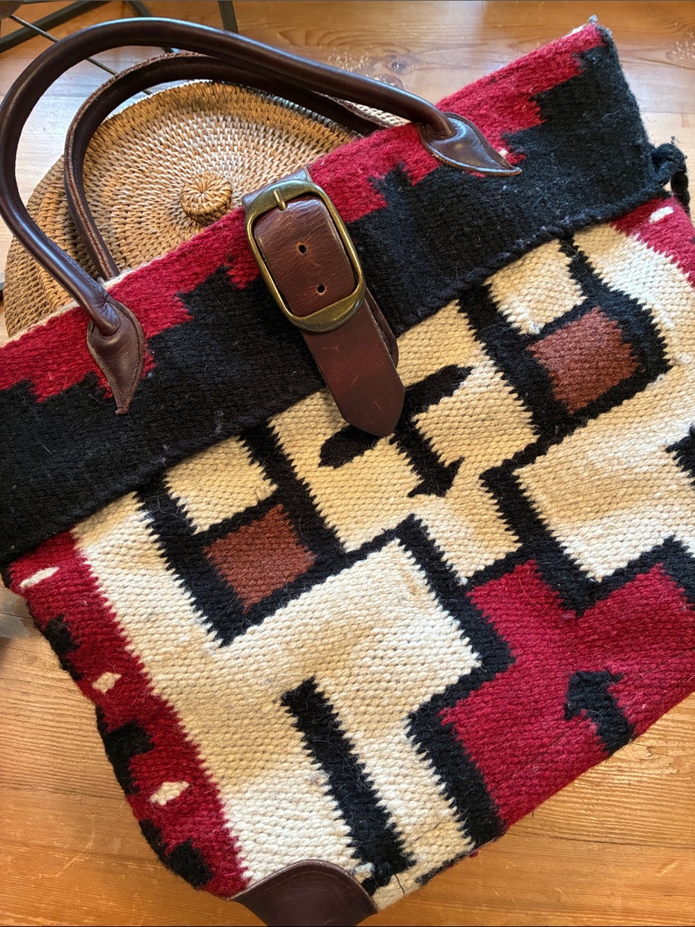 McFadden Vintage Western Wool Blanket Leather Large Tote Bag